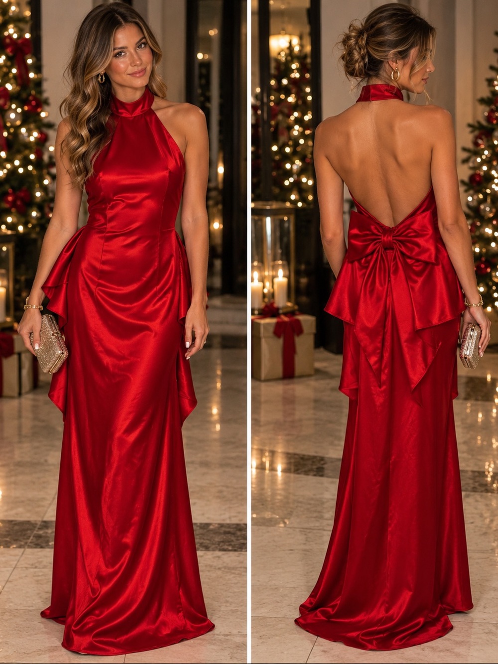 B Darlin Red Satin Halter Backless Evening Gown with Bow Detail